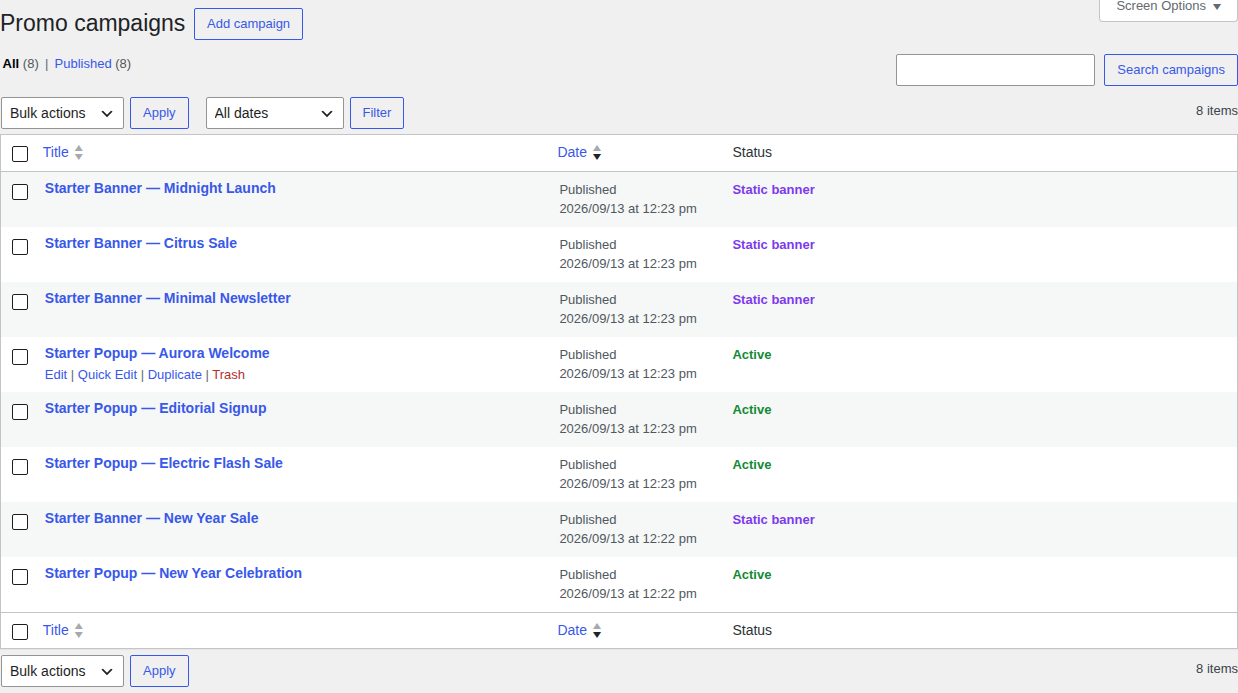 List of eight campaigns in WordPress Promo Builder