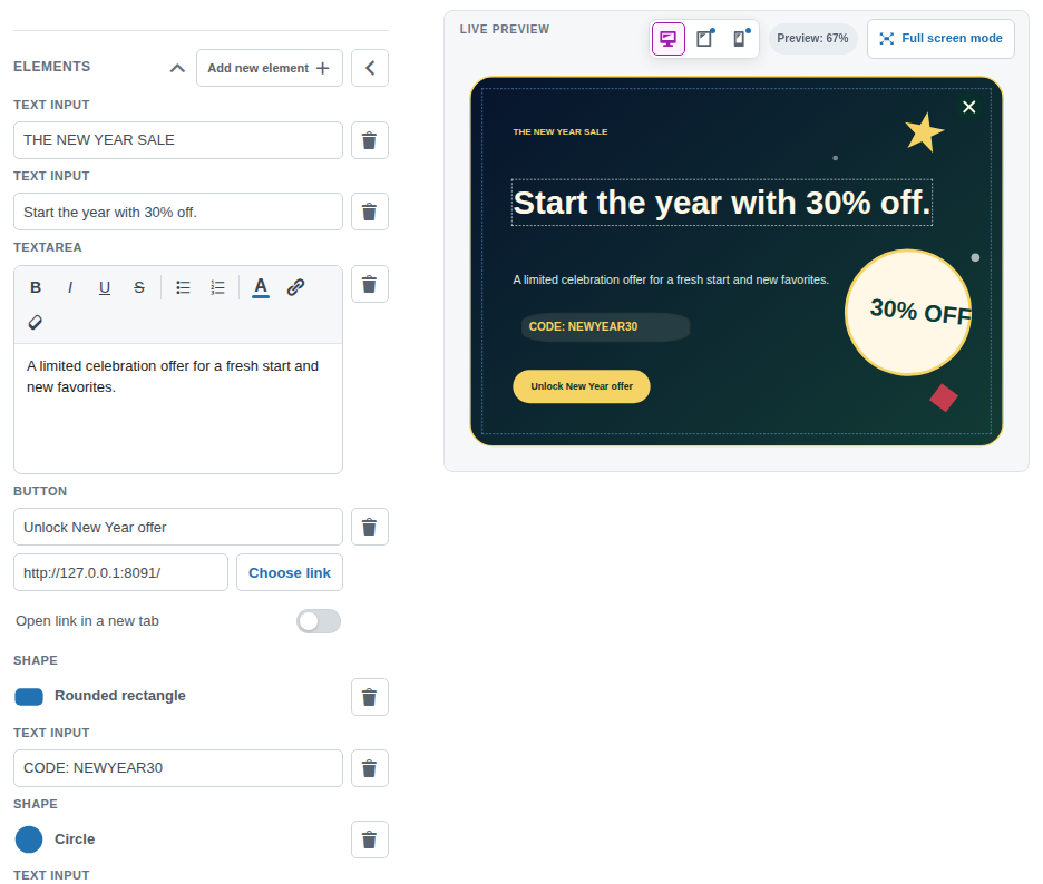 Visual builder with elements panel and live preview