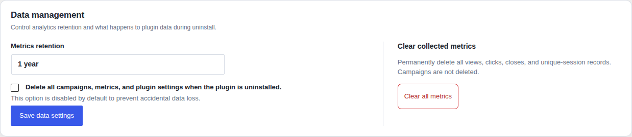 Metrics retention and uninstall data settings