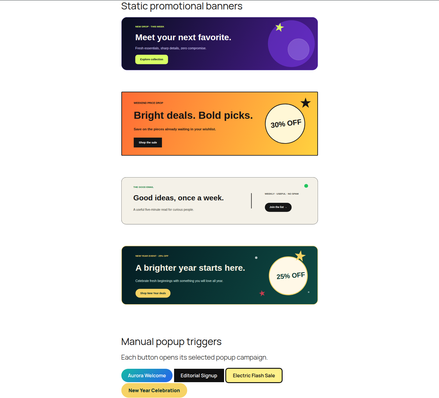 Four static starter banners on the WordPress frontend