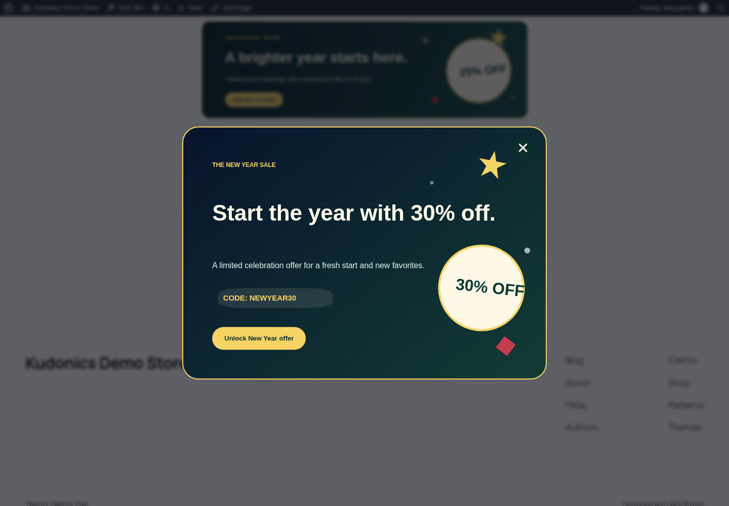 New Year Celebration popup open on the frontend